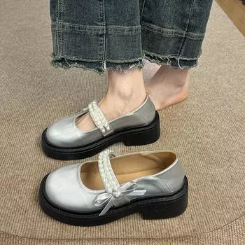 Silver small leather shoes spring and autumn new cute bow beaded buckle single shoes casual student with skirt single shoes 35 чёрный