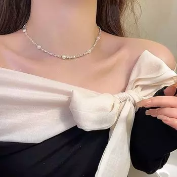 Silver Square Full Diamond Necklace Women s Light Luxury Minority Ornament 2025 New Arrival Clavicle Chain Suitable for Summer Wear Broken Silver Pearl Necklace