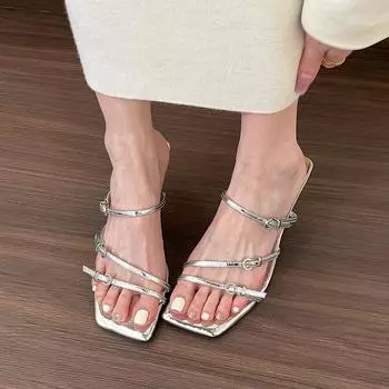 Silver square head high-heeled sandals women s summer thin strap open-toed cool slippers 35 серебряный