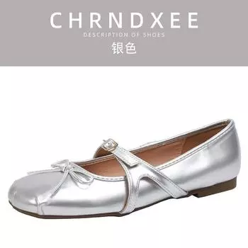 Silver temperament retro single shoes ballet shoes women s bow square head light mouth soft flats 35