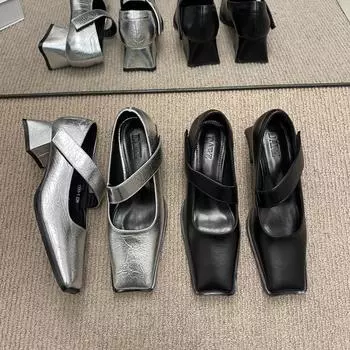 Серебристые туфли на толстом каблуке для женщин Новые весенние кожаные туфли во французском стиле Туфли на высоком каблуке Женская обувь 35