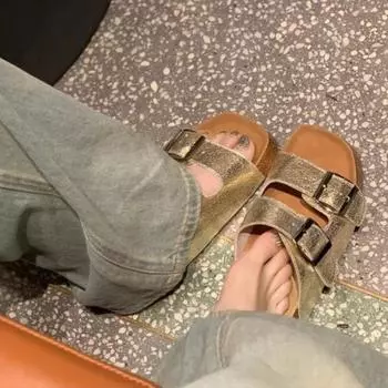 ~ Silver thick-soled women s summer outer wear lazy one-pedal flat-bottomed double-breasted casual slippers 35