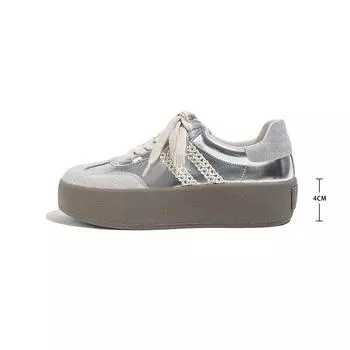 Silver three-bar cowhide lace edge little white shoes thick sole inner height increase sports and leisure shoes women s shoes 34