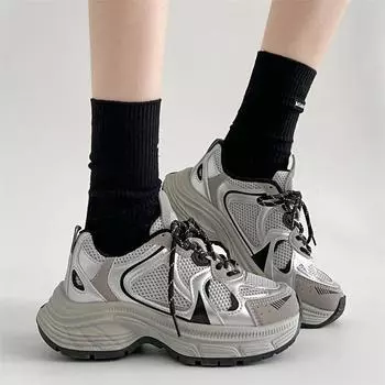 Silver trend shows feet, small platform dad shoes, women s 2025 new summer height increase, light and breathable sports shoes 35