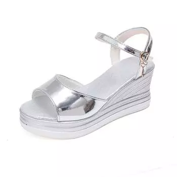 Silver wedge sandals summer new open-toed thick-soled heightening sandals with skirts casual women s shoes 35