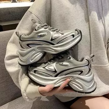 Silver, white dad shoes women s 2024 summer new hot style, small people increase height thick soles thin mesh breathable sneaker 35 слоновая кость