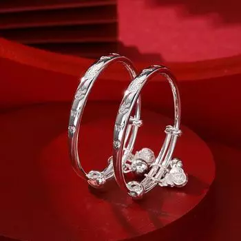 Silver World S999 Полный серебряный детский браслет Полная Луна Детский браслет Лотос Рыбы Колокольчик Детский браслет из чистого серебра Подарок Adjustable size