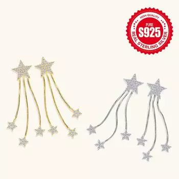 Silvere Glam Super Sparkling Five-pointed Starry Sky Tassel Unique Two-wear Earrings With A High-end Feel, Moissanite Stud Silver Earrings 0.29 carats+0.29 carats золотистый