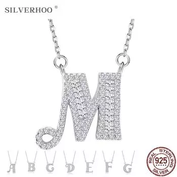 SILVERHOO 925 String Silver Women A-Z Letter Подвеска Кубический цирконий Ювелирные изделия Блестящая гальваническая ключица Цепь Свадебное ожерелье R