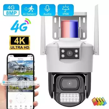 SIM-карта 4G Камера 8MP 4K двойной объектив CCTV Беспроводная уличная камера Securiy Поддержка AI Humanoid Обнаружение движения PTZ V380 Pro Видеокамера