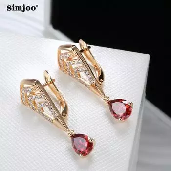 SIMJOO Emperament, простые серьги из розового золота, модные длинные серьги с каплями воды, красные серьги с цирконом, женские