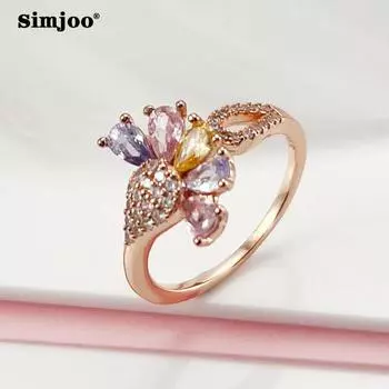 SIMJOO Кольцо из розового золота с женскими простыми лепестками, разноцветное кольцо с цирконом 6