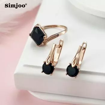 SIMJOO модные серьги и кольца цвета розового золота с черным цирконом 6