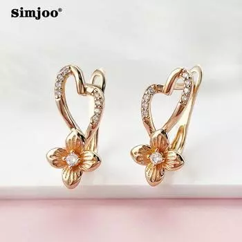 SIMJOO розовое золото цветочный модный дизайн серьги с цирконом для женщин