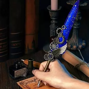 Симметричная механическая ручка для каллиграфии с 5 персонализированными металлическими наконечниками, средний кончик, круглый корпус, декоративное европейское ретро-перо для начинающих темно-синий