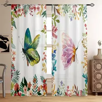 Симметричные шторы с цветочным принтом в виде бабочек, декоративные шторы, подходят для спальни, гостиной, кухни, кабинета, W50xH130(CM)x2PCS&Rod pocket