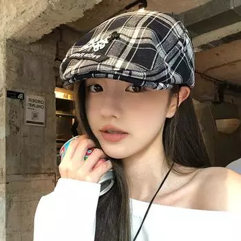Симпатичная черная клетчатая шапка в стиле щенка, женская, осенне-зимняя, ретро, большая окружность головы, шапка показывает маленькое лицо и носит берет M56-58cm чёрный