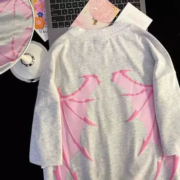 Симпатичная футболка с круглым вырезом и принтом крыльев для мужчин и женщин, уличная одежда в стиле ретро, летняя модная тенденция, повседневный удобный топ с короткими рукавами для пар S бежевый