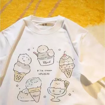 Симпатичная футболка с круглым вырезом и принтом мороженого и хомяка, женская летняя модная трендовая повседневная удобная футболка из чистого хлопка для пар, топ с короткими рукавами Harajuku S белый