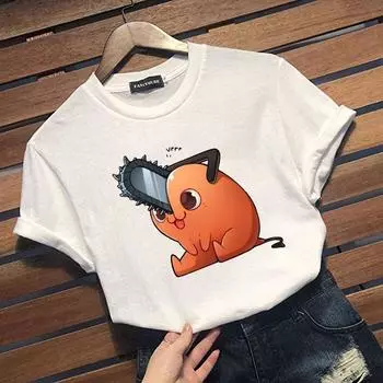 Симпатичная футболка с принтом Kawaii Pochita для женщин, повседневные рубашки в стиле аниме с круглым вырезом и короткими рукавами S белый