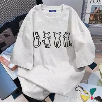 Симпатичная и веселая футболка с принтом кота для мужчин и женщин в стиле ретро из чистого хлопка, летняя модная тенденция, повседневный удобный топ с короткими рукавами для пар, Harajuku S белый