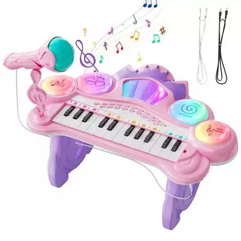 Симпатичная игрушечная клавиатура Stone Piano 3 в 1, обучающая игрушка с микрофоном, 8 типов эффектов инструментов, световая навигация, режим урока, свет