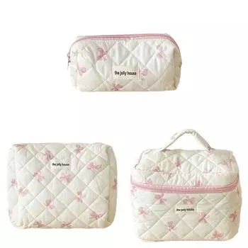 Симпатичная косметичка с бантом, хлопковая стеганая косметичка для женщин, косметичка для туалетных принадлежностей (Розовый С)