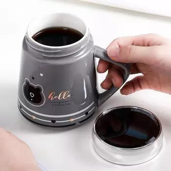 Симпатичная кружка с рисунком из мультфильма, зеркальная крышка, керамическая чашка для воды, кофейная чашка, чашка для молока, кружка, чашка послеобеденного чая серый