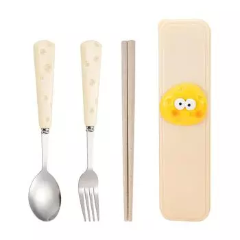 Симпатичная ложка для сыра из нержавеющей стали, вилка, палочки для еды из пшеницы, набор из трех предметов, студенческий детский портативный набор коробок для хранения посуды 4PCS