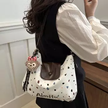 Симпатичная мультяшная женская сумка-тоут 2025 года, новая ретро-сумка большой вместимости через плечо с принтом в горошек, модная универсальная сумка через плечо not accessory белый