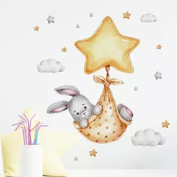 Симпатичная наклейка на стену с изображением звезды и кролика, комната для девочки, украшение на стену в детский сад, наклейка, наклейка 30x90cm