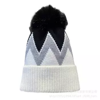 Симпатичная разноцветная шапка-бини с помпоном из искусственного меха, узорчатая лыжная шапка, сохраняющая тепло, вязаная шапка M56-58cm