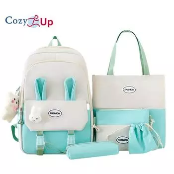 Симпатичная школьная сумка, ученики начальной и средней школы, рюкзак для отдыха большой вместимости, набор из 5 предметов, рюкзак для девочек-кроликов 44x30x14cm чёрный