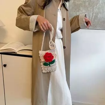 Симпатичная сумка через плечо из шерстяной вязки с цветочным узором, сумка для мобильного телефона, стильный мини-кошелек на одно плечо ярко-розовый