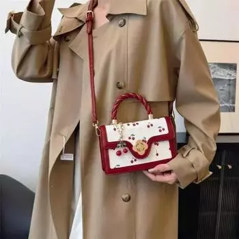 Симпатичная сумка с принтом вишни, сумка через плечо с плетеной ручкой, квадратная сумка-тоут, свежий дизайн, женская сумка через плечо