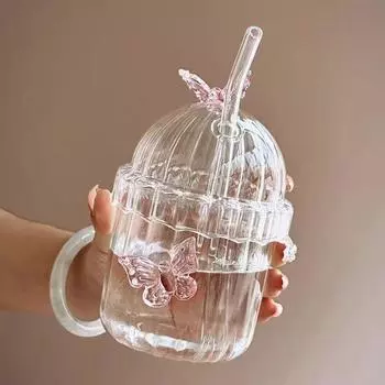 Симпатичная трехмерная стеклянная чашка с бабочкой, термостойкое и эстетичное прозрачное сферическое стекло, чашка для цветочного чая с девушкой 480ml
