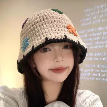 Симпатичная вязаная шляпа-ведро со звездами для женщин, осень-зима, корейская версия, показывающая маленькое лицо, шерстяная шапка ручной работы, большая окружность головы, шляпа-ведро M56-58cm