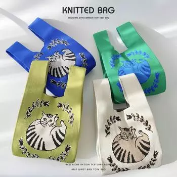 Симпатичная вязаная сумка через плечо с изображением толстого кота от Niche Design — универсальная, вместительная студенческая сумка на запястье