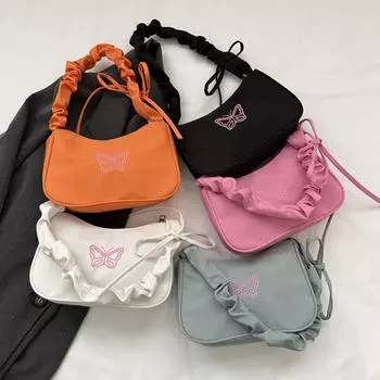 Симпатичная вышитая сумка-бабочка с бантом, женская плиссированная сумка-полумесяц, сумка-подмышка, модная сумка-тоут из нейлона Оксфорд с бантом