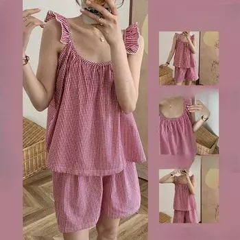 Симпатичная женская домашняя одежда, версия милой простой майки с рукавами-крылышками, клетчатой домашней одежды, костюма для сна M