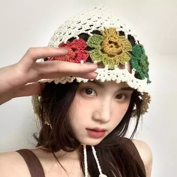 Симпатичная женская шапка ручной работы Mori в этническом стиле с полой головой, женская модная цветная вязаная шапка с цветочным узором в женском стиле M56-58cm бежевый