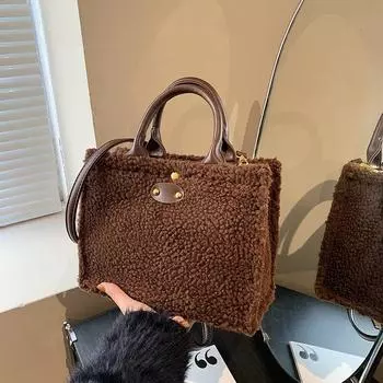 Симпатичная женская сумка из овечьей шерсти, повседневная универсальная сумка-тоут, контрастная цветная сумка-мессенджер для поездок на работу 26*12*19 хаки