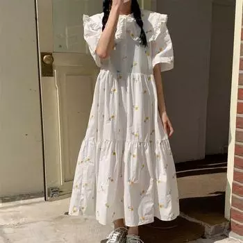 Симпатичное длинное платье для девочек, свободное женское платье с цветочным принтом, летнее платье трапециевидной формы S