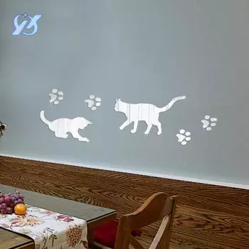 Симпатичное зеркало с котом, трехмерные акриловые настенные наклейки, наклейки для украшения стен детской комнаты, общежития, гостиной
