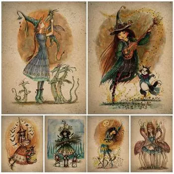 Симпатичные готические плакаты с ведьмами и домашними животными (Летучие мыши, Кошки) Украшение гостиной 21cm30cm NoFrame