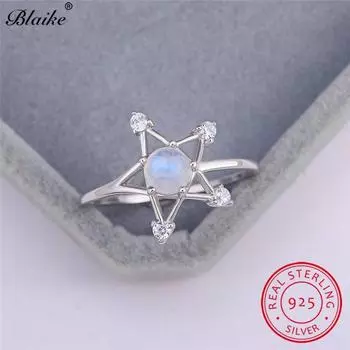Симпатичные кольца из стерлингового серебра 925 пробы со звездами для женщин, свадебные круглые кольца с белым опалом и лунным камнем, тонкие женские обручальные кольца, ювелирные изделия 9