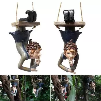 Симпатичные подвесные статуи для улицы, подвесные статуи эльфов, качающиеся садовые украшения из смолы, качающиеся статуи лесных эльфов, подходящие для волшебного сада на открытом воздухе