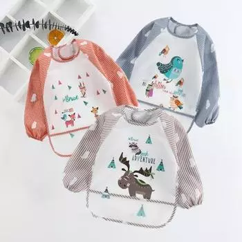 Симпатичные птицы в полоску с длинным рукавом водонепроницаемый детский художественный халат нагрудник для кормления карманный фартук Long Horn Deer коричневый