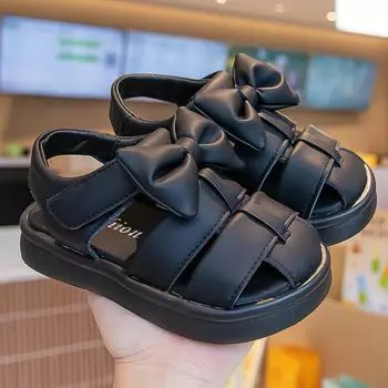 Симпатичные сандалии с бантом. Летние пляжные туфли с мягкой подошвой для девочек. 37 чёрный