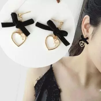 Симпатичные серьги-гвоздики с искусственным жемчугом и бантом, полые, в форме сердца, висячие серьги со стразами чёрный